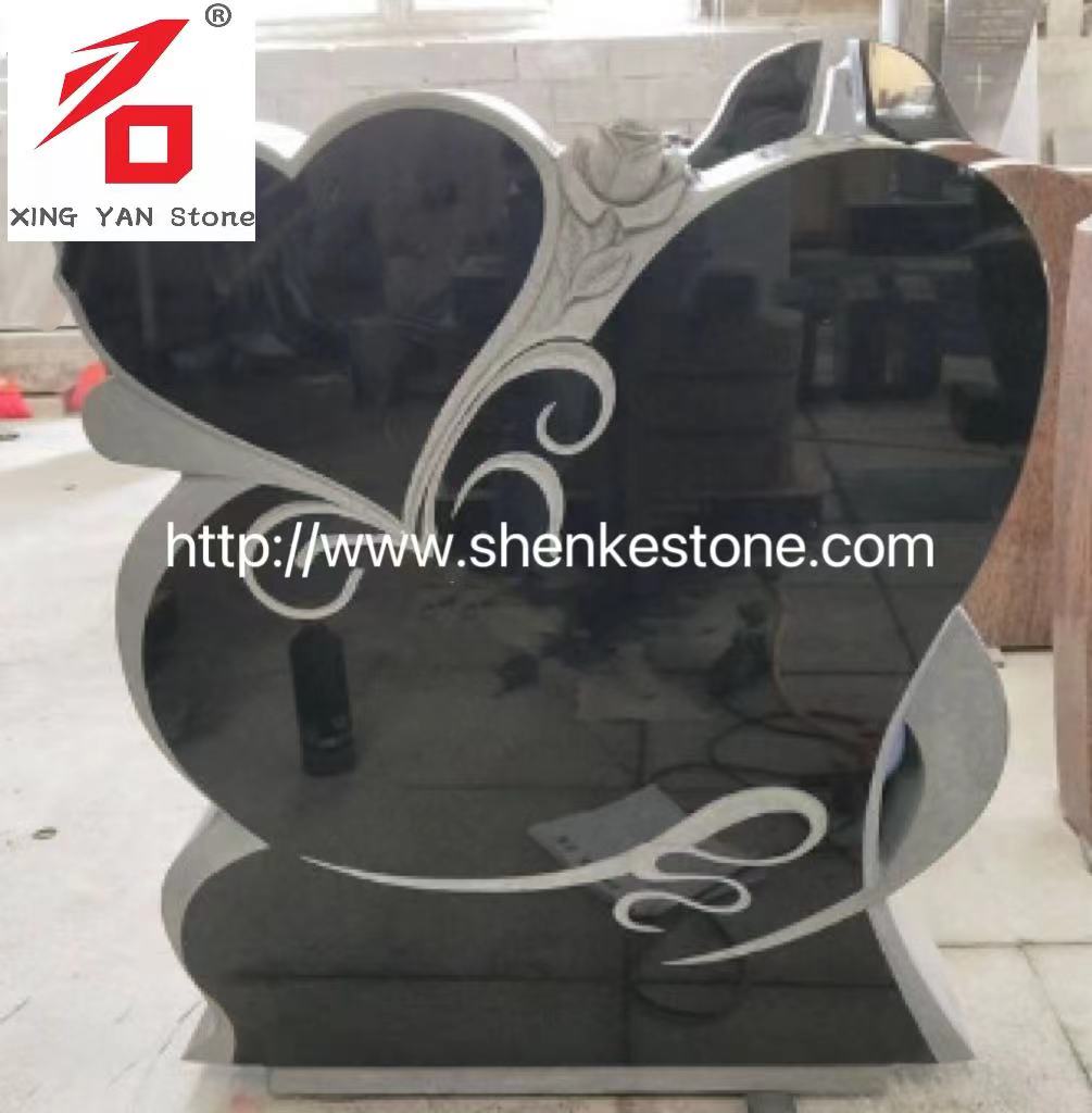 Black Granite Heart Hoofdsteen van hoge kwaliteit met bloem